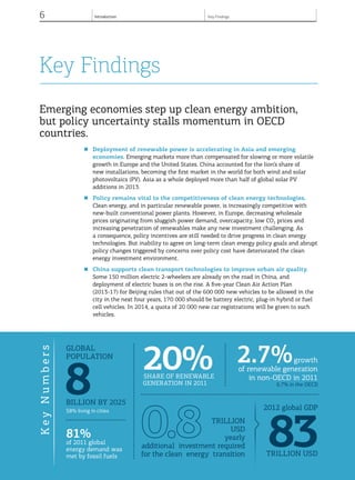 6 Introduction
© OECD/IEA, 2013.
Key Findings
Emerging economies step up clean energy ambition,
but policy uncertainty stalls momentum in OECD
countries.
■	 Deployment of renewable power is accelerating in Asia and emerging
economies. Emerging markets more than compensated for slowing or more volatile
growth in Europe and the United States. China accounted for the lion’s share of
new installations, becoming the first market in the world for both wind and solar
photovoltaics (PV). Asia as a whole deployed more than half of global solar PV
additions in 2013.
■	 Policy remains vital to the competitiveness of clean energy technologies.
Clean energy, and in particular renewable power, is increasingly competitive with
new-built conventional power plants. However, in Europe, decreasing wholesale
prices originating from sluggish power demand, overcapacity, low CO2 prices and
increasing penetration of renewables make any new investment challenging. As
a consequence, policy incentives are still needed to drive progress in clean energy
technologies. But inability to agree on long-term clean energy policy goals and abrupt
policy changes triggered by concerns over policy cost have deteriorated the clean
energy investment environment.
■	 China supports clean transport technologies to improve urban air quality.
Some 150 million electric 2-wheelers are already on the road in China, and
deployment of electric buses is on the rise. A five-year Clean Air Action Plan
(2013-17) for Beijing rules that out of the 600 000 new vehicles to be allowed in the
city in the next four years, 170 000 should be battery electric, plug-in hybrid or fuel
cell vehicles. In 2014, a quota of 20 000 new car registrations will be given to such
vehicles.
Key Findings
© OECD/IEA, 2013.© OECD/IEA, 2013.
81%
of 2011 global
energy demand was
met by fossil fuels
20% Share of Renewable
generation in 2011
Global
population
8billion by 2025
58% living in cities
2.7%growth
of renewable generation
in non-OECD in 2011
6.7% in the OECD
83
KeyNumbers
trillion USD
2012 global GDP
TRILLION
USD
yearly
additional investment required
for the clean energy transition
 