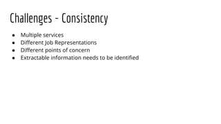 Challenges - Consistency
● Multiple services
● Different Job Representations
● Different points of concern
● Extractable information needs to be identified
 