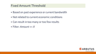 Fixed Amount Threshold
 Based on past experience or current bandwidth
 Not related to current economic conditions
 Can result in too many or too few results
 Filter: Amount >= X
 
