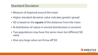 Standard Deviation
 Measure of dispersal around the mean
 Higher standard deviation value indicates greater spread
 SD is based on the square of the distances from the mean
 % distribution of values in normal distributions is constant
 Two populations may have the same mean but different SD
value
 One very large value can throw off SD
 