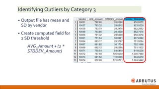 Identifying Outliers by Category 3
 Output file has mean and
SD by vendor
 Create computed field for
2 SD threshold
AVG_Amount + (2 *
STDDEV_Amount)
 