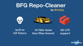 @kannonboy
BFG Repo-Cleaner
@kannonboy
10-720x faster
than filter-branch
built to
kill history
Git LFS
support
by @rtyley
 