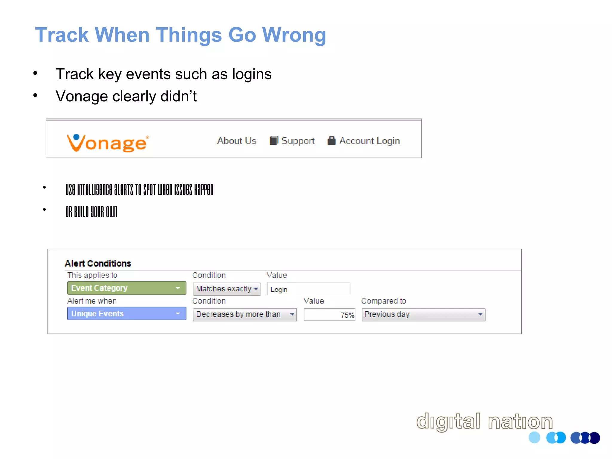 Track When Things Go Wrong
• Track key events such as logins
• Vonage clearly didn’t
• UseIntelligencealertstospotwhenissueshappen
• Orbuildyourown
 