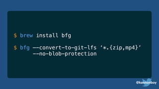 @kannonboy
$ brew install bfg
$ bfg —-convert-to-git-lfs ‘*.{zip,mp4}’
--no-blob-protection
 