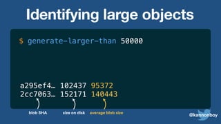 @kannonboy
$
a295ef4… 102437 95372
2cc7063… 152171 140443
blob SHA size on disk average blob size
generate-larger-than 50000
Identifying large objects
 