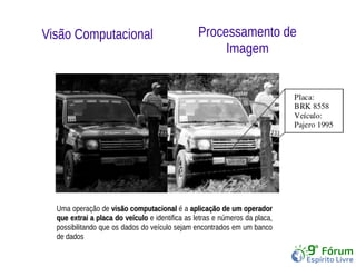 Visão Computacional Processamento de 
Imagem 
Uma operação de vviissããoo ccoommppuuttaacciioonnaall é a aapplliiccaaççããoo ddee uumm ooppeerraaddoorr 
qquuee eexxttrraaii aa ppllaaccaa ddoo vveeííccuulloo e identifica as letras e números da placa, 
possibilitando que os dados do veículo sejam encontrados em um banco 
de dados 
 