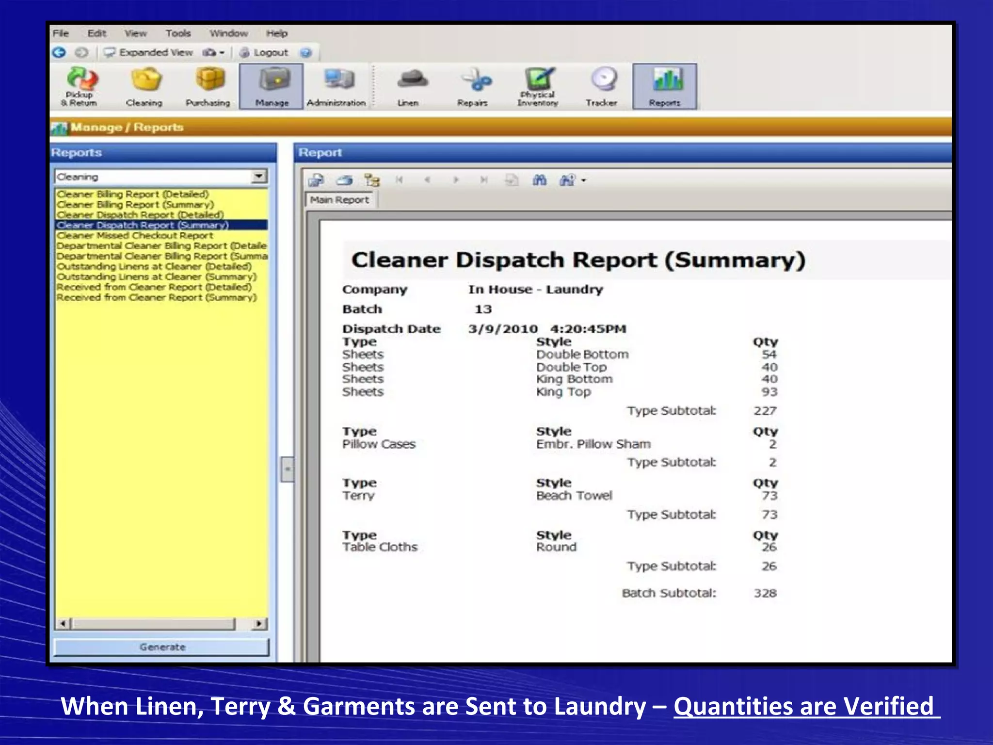 When Linen, Terry & Garments are Sent to Laundry – Quantities are Verified
 