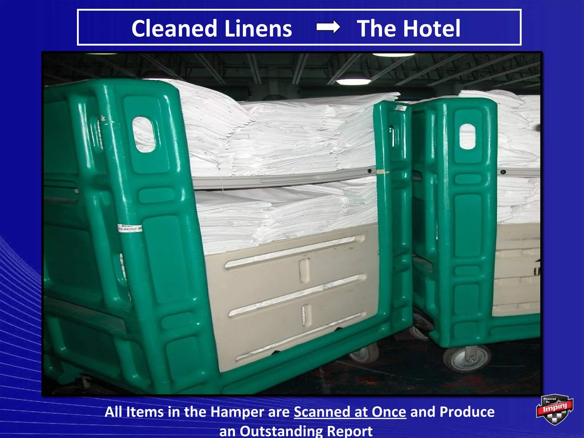 Cleaned Linens                  The Hotel




All Items in the Hamper are Scanned at Once and Produce
                  an Outstanding Report
 