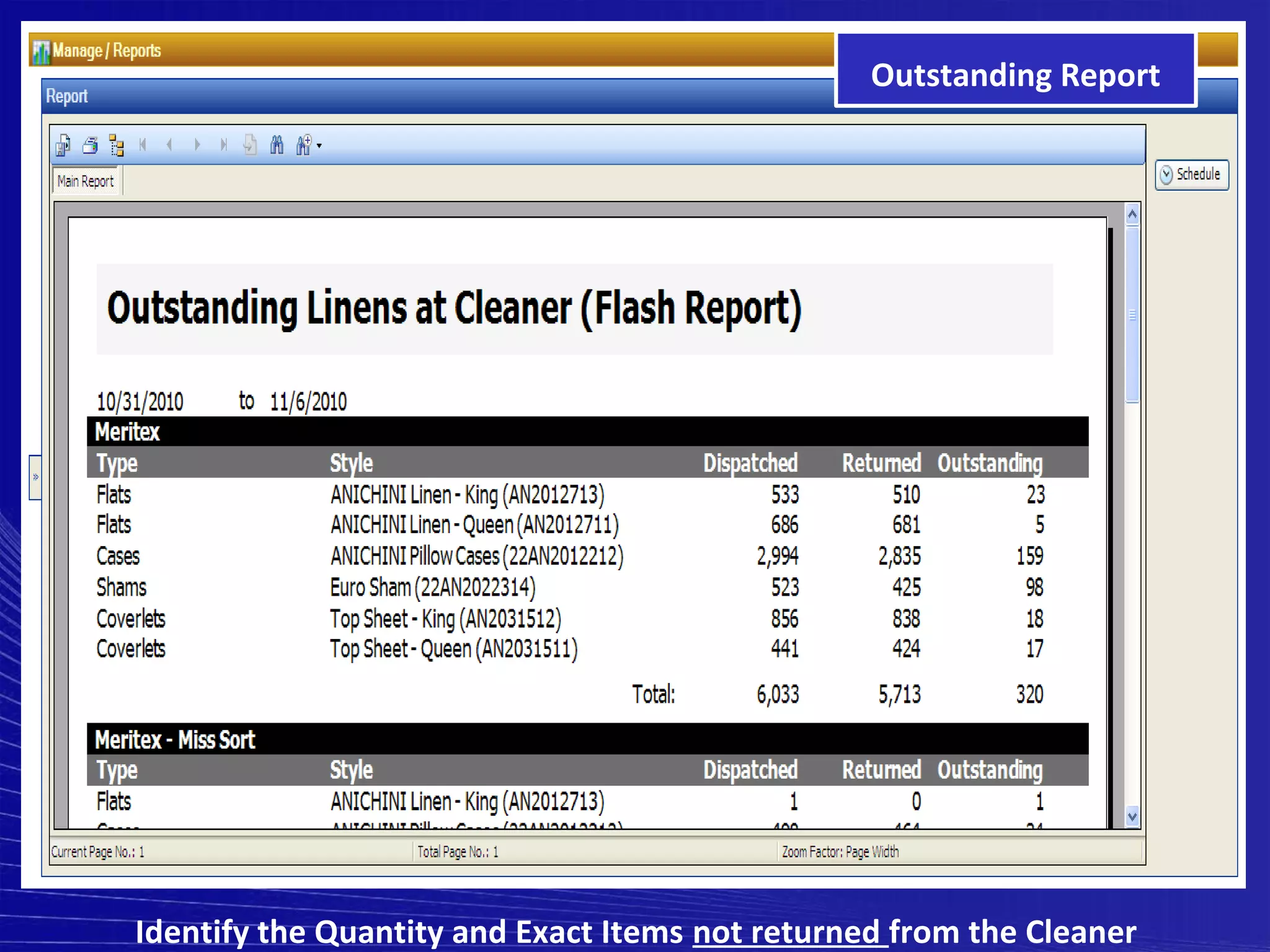 Outstanding Report




Identify the Quantity and Exact Items not returned from the Cleaner
 