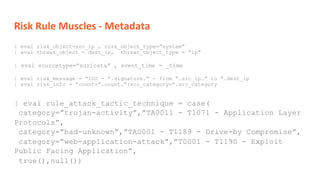 Risk Rule Muscles - Metadata
| eval rule_attack_tactic_technique = case(
category=”trojan-activity”,”TA0011 - T1071 - Application Layer
Protocols”,
category=”bad-unknown”,”TA0001 - T1189 - Drive-by Compromise”,
category=”web-application-attack”,”T0001 - T1190 - Exploit
Public Facing Application”,
true(),null())
| eval risk_object=src_ip , risk_object_type=”system”
| eval threat_object = dest_ip, threat_object_type = “ip”
| eval sourcetype=”suricata” , event_time = _time
| eval risk_message = “IDS - “.signature.” - from “.src_ip.” to “.dest_ip
| eval risk_info = “count=”.count.”|src_category=”.src_category
 