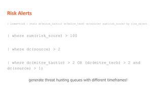 Risk Alerts
| index=risk | stats dc(mitre_tactic) dc(mitre_tech) dc(source) sum(risk_score) by risk_object
| where sum(risk_score) > 100
| where dc(mitre_tactic) > 2 OR (dc(mitre_tech) > 2 and
dc(source) > 1)
| where dc(source) > 2
generate threat hunting queues with different timeframes!
 