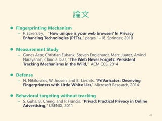 論文
 Fingerprinting Mechanism
– P. Eckersley， “How unique is your web browser? In Privacy
Enhancing Technologies (PETs),” ...