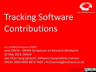 Software Sustainability Institute
www.software.ac.uk
Tracking Software
Contributions
doi: 10.6084/m9.figshare.705892
Joint ORCID – DRYAD Symposium on Research Attribution
23 May 2013, Oxford
Neil Chue Hong (@npch), Software Sustainability Institute
ORCID: 0000-0002-8876-7606 | N.ChueHong@software.ac.uk
Unless otherwise indicated
slides licensed under
 