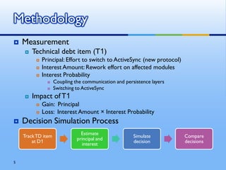 Methodology
   Measurement
       Technical debt item (T1)
            Principal: Effort to switch to ActiveSync (new protocol)
            Interest Amount: Rework effort on affected modules
            Interest Probability
                   Coupling the communication and persistence layers
                   Switching to ActiveSync
       Impact of T1
            Gain: Principal
            Loss: Interest Amount × Interest Probability
   Decision Simulation Process
                                Estimate
    Track TD item                                      Simulate         Compare
                              principal and
        at D1                                          decision         decisions
                                interest


5
 