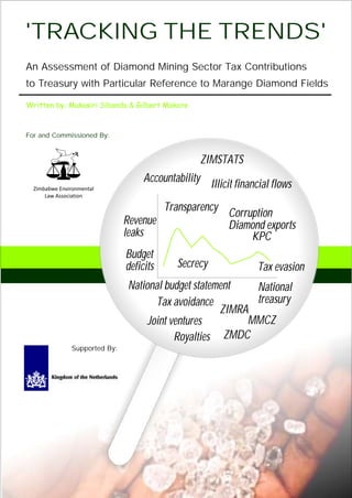 An Assessment of Diamond Mining Sector Tax Contributions
to Treasury with Particular Reference to Marange Diamond Fields
'TRACKING THE TRENDS'
Written by: Mukasiri Sibanda & Gilbert Makore
For and Commissioned By:
Accountability
Transparency
Corruption
Diamond exports
ZIMSTATS
Illicit financial flows
Secrecy
Budget
deficits Tax evasion
National budget statement
Tax avoidance
National
treasury
Joint ventures
Royalties
Revenue
leaks
ZMDC
MMCZ
ZIMRA
Supported By:
KPC
 