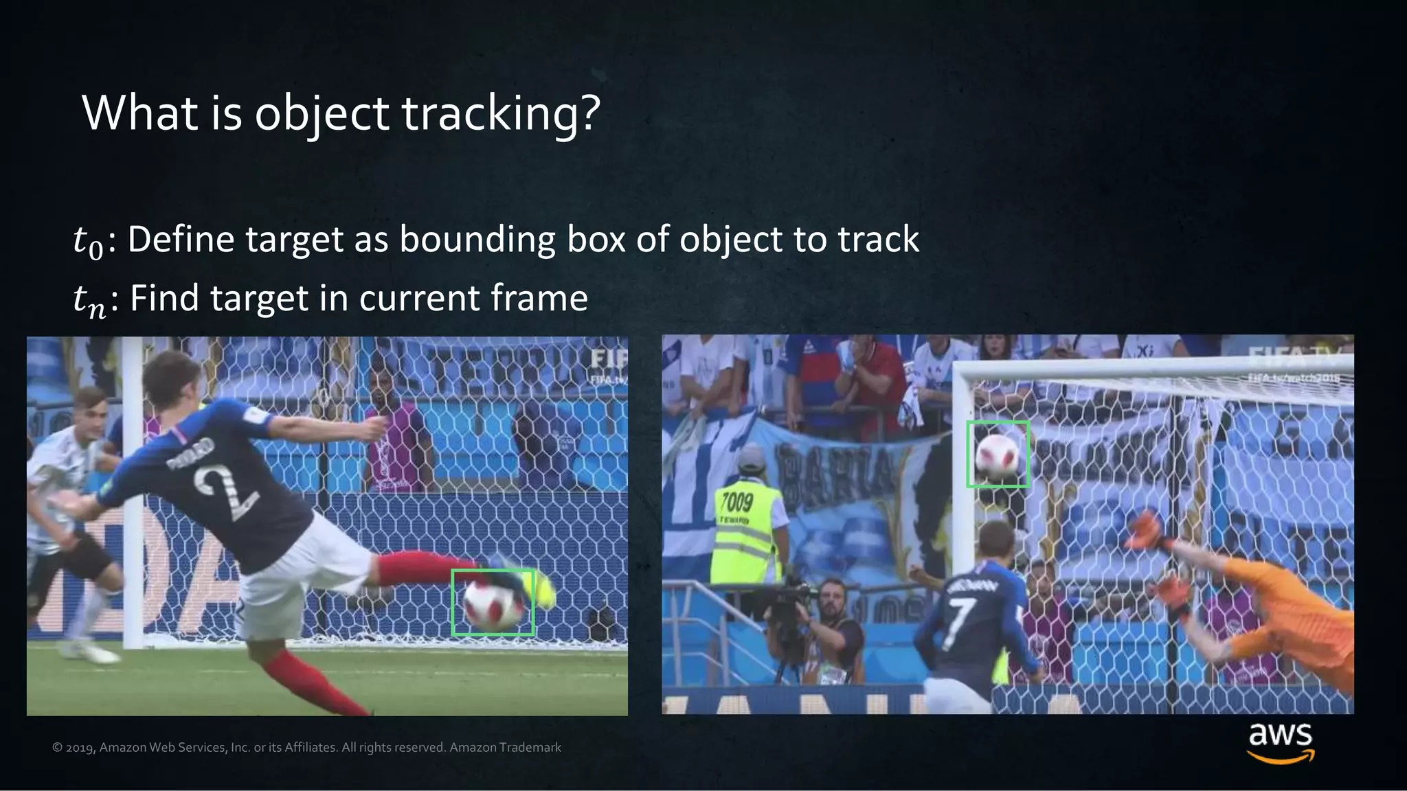 © 2019, Amazon Web Services, Inc. or its Affiliates. All rights reserved. Amazon Trademark
What is object tracking?
𝑡0: Define target as bounding box of object to track
𝑡 𝑛: Find target in current frame
 