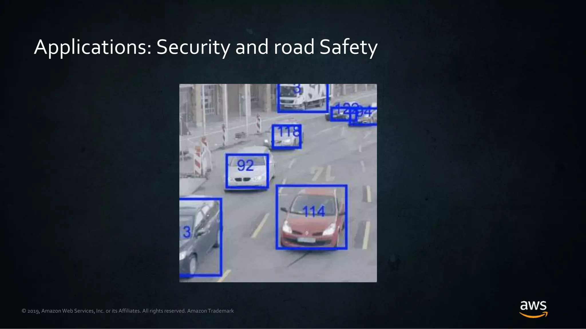 © 2019, Amazon Web Services, Inc. or its Affiliates. All rights reserved. Amazon Trademark
Applications: Security and road Safety
 