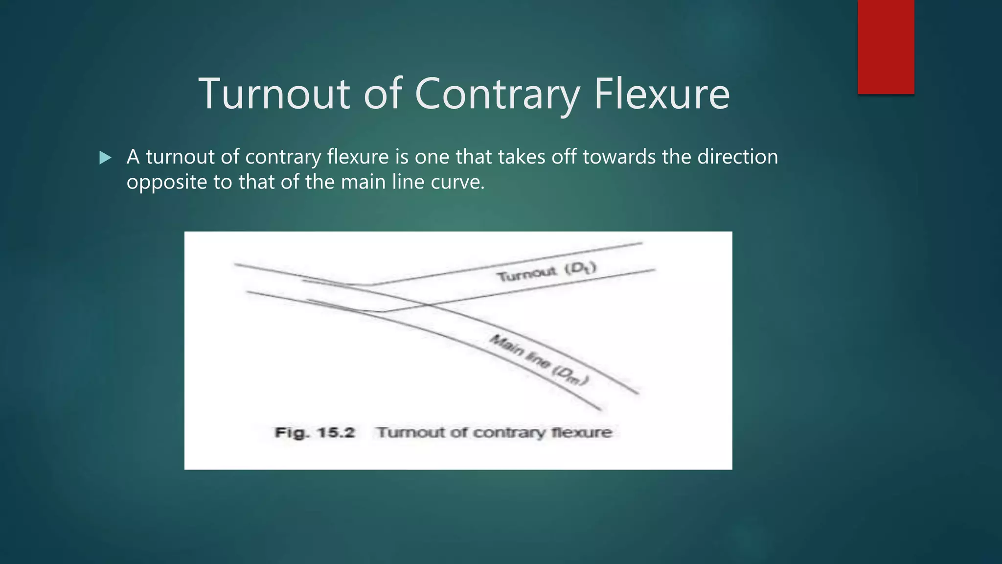 Turnout of Contrary Flexure
 A turnout of contrary flexure is one that takes off towards the direction
opposite to that of the main line curve.
 