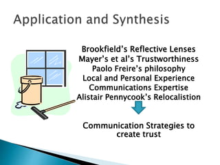 Brookfield’s Reflective Lenses
Mayer’s et al’s Trustworthiness
Paolo Freire’s philosophy
Local and Personal Experience
Communications Expertise
Alistair Pennycook’s Relocalistion
Communication Strategies to
create trust
 