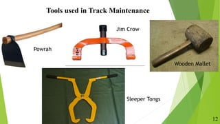 12
Powrah
Jim Crow
Sleeper Tongs
Tools used in Track Maintenance
Wooden Mallet
 