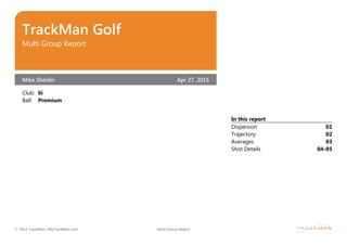 TrackMan Golf
Multi Group Report
Mike Shevlin Apr 27, 2015
Club: 6i
Ball: Premium
In this report
Dispersion 01
Trajectory 02
Averages 03
Shot Details 04‐05
© 2015 TrackMan | MyTrackMan.com Multi Group Report
 