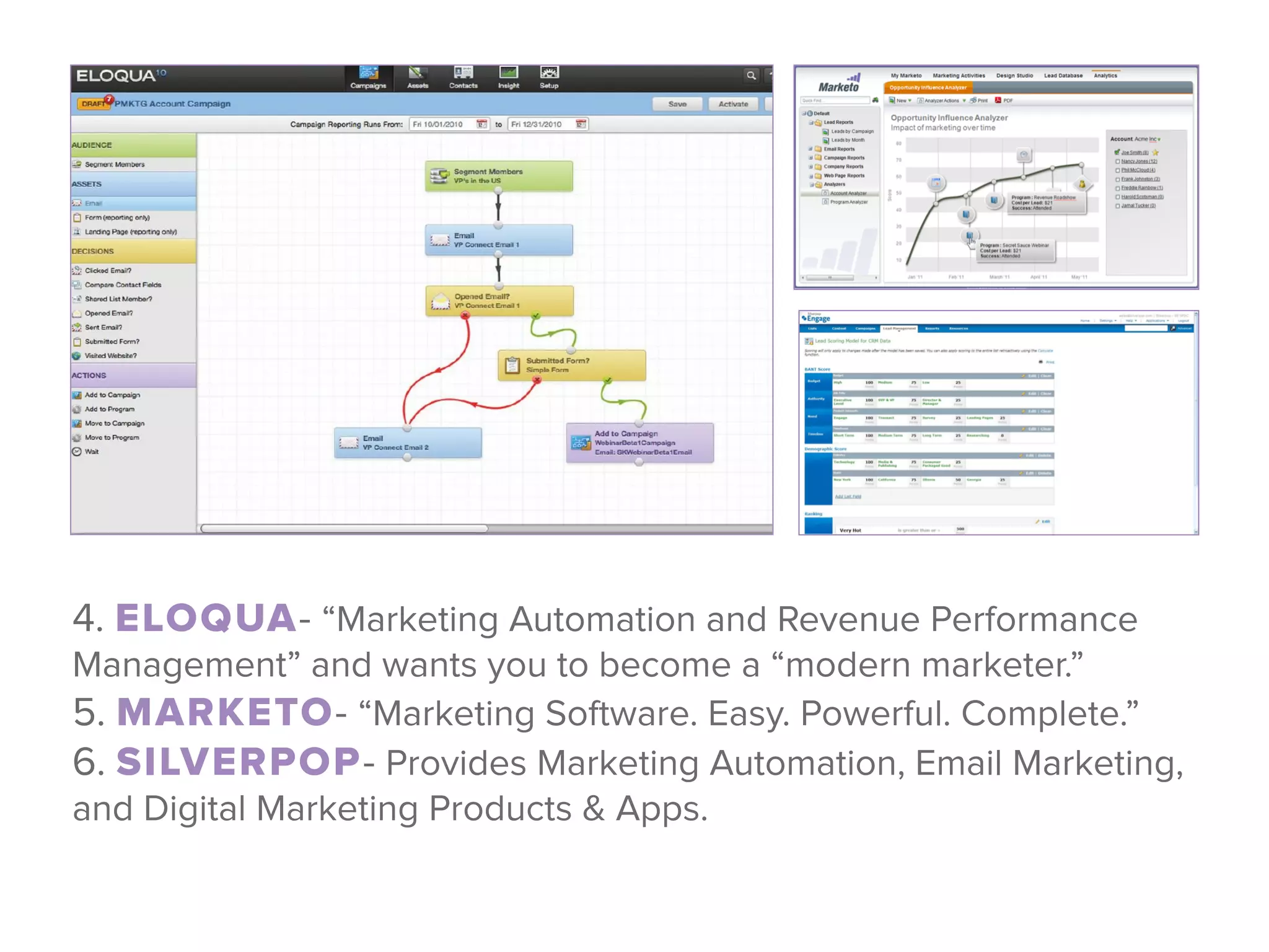 4. ELOQUA- “Marketing Automation and Revenue Performance
Management” and wants you to become a “modern marketer.” 
5. MARKETO- “Marketing Software. Easy. Powerful. Complete.”  
6. SILVERPOP- Provides Marketing Automation, Email Marketing,
and Digital Marketing Products & Apps.
 
