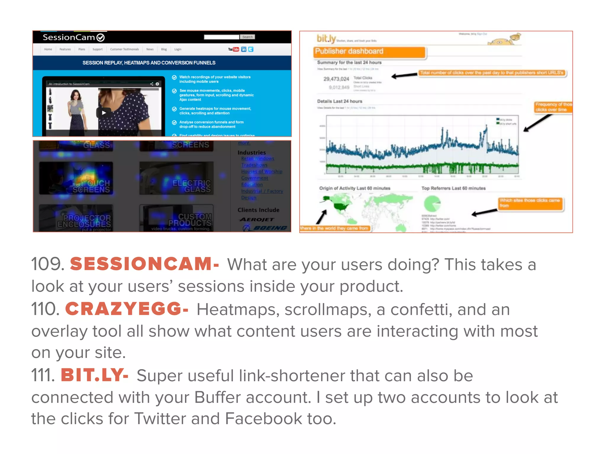 109. SESSIONCAM- What are your users doing? This takes a
look at your users’ sessions inside your product. 
110. CRAZYEGG- Heatmaps, scrollmaps, a confetti, and an
overlay tool all show what content users are interacting with most
on your site. 
111. BIT.LY- Super useful link-shortener that can also be
connected with your Buﬀer account. I set up two accounts to look at
the clicks for Twitter and Facebook too.
 