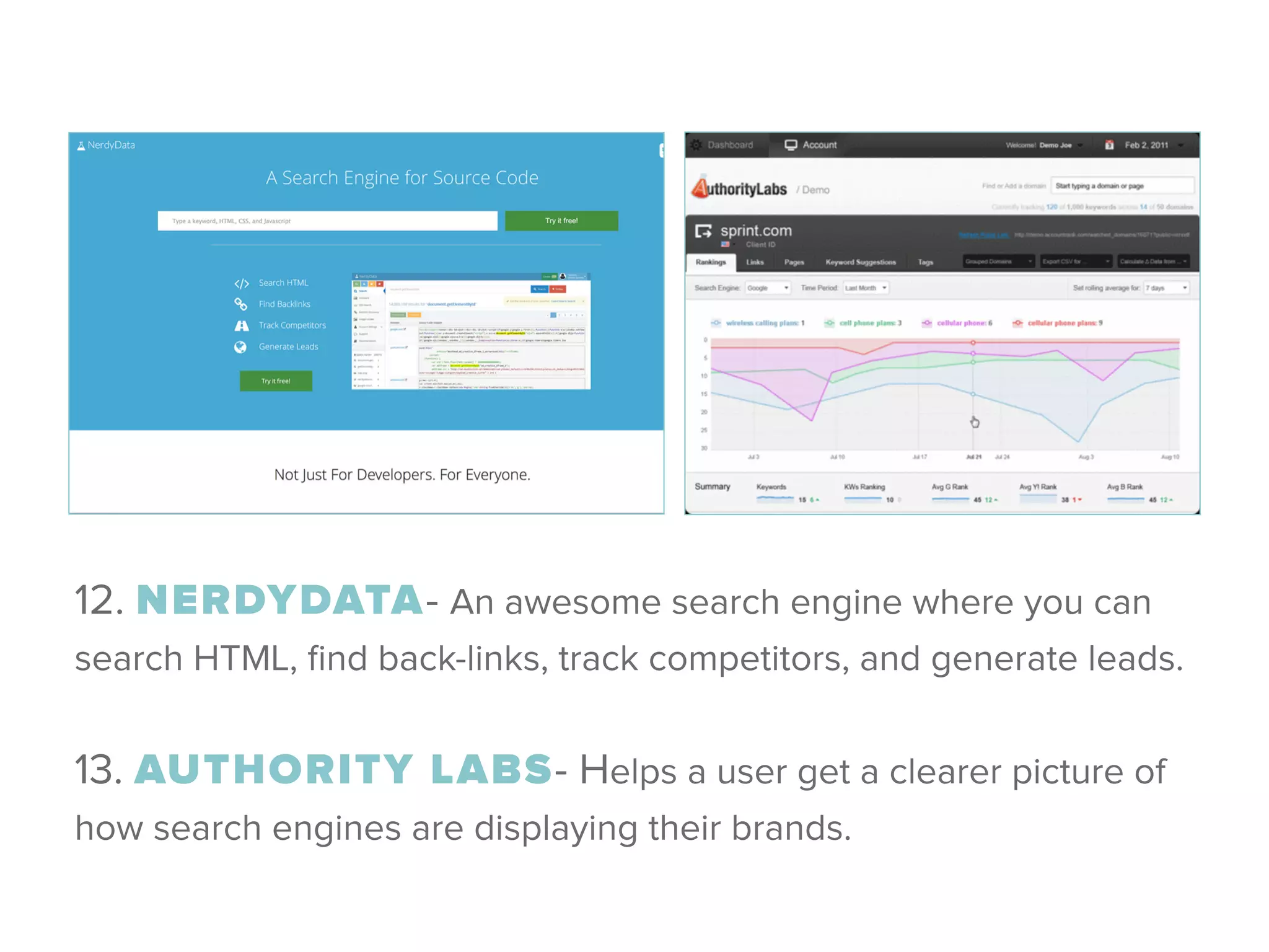 12. NERDYDATA- An awesome search engine where you can
search HTML, ﬁnd back-links, track competitors, and generate leads.
 
13. AUTHORITY LABS- Helps a user get a clearer picture of
how search engines are displaying their brands.
 