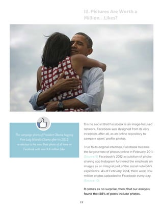 12
It is no secret that Facebook is an image-focused
network. Facebook was designed from its very
inception, after all, as an online repository to
compare users’ profile photos.
True to its original intention, Facebook became
the largest host of photos online in February 2011.
(Source 9) Facebook’s 2012 acquisition of photo-
sharing app Instagram furthered the emphasis on
images as an integral part of the social network’s
experience. As of February 2014, there were 350
million photos uploaded to Facebook every day.
(Source 10)
It comes as no surprise, then, that our analysis
found that 88% of posts include photos.
III. Pictures Are Worth a
Million…Likes?
This campaign photo of President Obama hugging
First Lady Michelle Obama after his 2012
re-election is the most liked photo of all time on
Facebook with over 4.4 million Likes
 