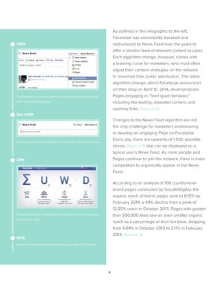 6
As outlined in the infographic to the left,
Facebook has consistently tweaked and
restructured its News Feed over the years to
offer a smarter feed of relevant content to users.
Each algorithm change, however, comes with
a learning curve for marketers, who must often
adjust their content strategies on the network
to maximize their posts’ distribution. The latest
algorithm change, which Facebook announced
on their blog on April 10, 2014, de-emphasizes
Pages engaging in “feed spam behavior,”
including like-baiting, repeated content, and
spammy links. (Source 2)
Changes to the News Feed algorithm are not
the only challenge for marketers endeavoring
to develop an engaging Page on Facebook.
Every day, there are upwards of 1,500 possible
stories (Source 3) that can be displayed on a
typical user’s News Feed. As more people and
Pages continue to join the network, there is more
competition to organically appear in the News
Feed.
According to an analysis of 106 country-level
brand pages conducted by Social@Ogilvy, the
organic reach of brand pages sank to 6.15% by
February 2014, a 49% decline from a peak of
12.05% reach in October 2013. Pages with greater
than 500,000 likes saw an even smaller organic
reach as a percentage of their fan base, dropping
from 4.04% in October 2013 to 2.11% in February
2014. (Source 4)
2009
Oct. 2009
2011
2013
Facebook allows users to create lists, which enable them to filter
their newsfeed themselves
Facebook divides it’s newsfeed into “Top News” and “Most Recent”
Facebook makes several changes to reduce “spammy” content
Facebook introduces EdgeRank and combines the Top New and
Most Recent feeds
 