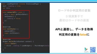 ロード中か判定用の変数
３項演算子で
最初はロード中の画面
APIと通信し、データを取得
判定用の変数をfalseに
 