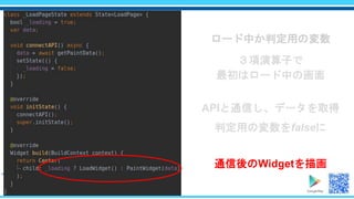 ロード中か判定用の変数
３項演算子で
最初はロード中の画面
APIと通信し、データを取得
判定用の変数をfalseに
通信後のWidgetを描画
 