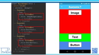 Expand()で広げる
flexで割合指定
Image
Text
Button
 