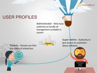 USER PROFILES
Super Admin - Authority to
give access to customers
about software
Administrator - Who have
authority to handle all
management available in
system
Parents - Parents can find
the status of school bus
 