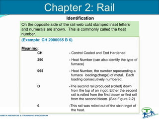 On the opposite side of the rail web cold stamped inset letters
and numerals are shown. This is commonly called the heat
number.
(Example: CH 2900065 B 6)
Meaning:
CH - Control Cooled and End Hardened
290 - Heat Number (can also identify the type of
furnace)
065 - Heat Number, the number representing a
furnace loading(charge) of metal. Each
loading consecutively numbered.
B -The second rail produced (rolled) down
from the top of an ingot. Either the second
rail is rolled from the first bloom or first rail
from the second bloom. (See Figure 2-2)
6 -This rail was rolled out of the sixth ingot of
the heat.
Identification
Chapter 2: Rail
 