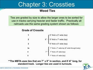 Wood Ties
Ties are graded by size to allow the larger ones to be sorted for
use in tracks carrying heavier and faster traffic. Practically all
railroads use the same grading system shown as follows:
**The MBTA uses ties that are 7” x 9” in section, and 8’-6” long, for
standard track. Longer ties are used in turnouts.
Grade of Crosstie
1 6” thick x 6” wide (top)
2 6” 6” thick x 7” wide (top)
3 6” thick x 8” wide (top)
3a 7” thick x 7” wide top (8” wide through body)
4 7” 7” thick x 8” wide (top)
5 7” thick x 9” wide (top)
Chapter 3: Crossties
 