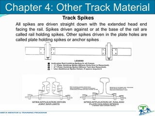 All spikes are driven straight down with the extended head end
facing the rail. Spikes driven against or at the base of the rail are
called rail holding spikes. Other spikes driven in the plate holes are
called plate holding spikes or anchor spikes
Track Spikes
LEGEND
Indicates Rail holding Spikes In all Cases
• 1st Plate Holding Spike (Where Only One is Required).
• 2nd Plate Holding Spike (Where Two Are Required).
• Use Additional Spike Holed, if specs require it
SPIKE APPLICATION WITHIN
JOINT BAR LIMITS
SPIKE APPLICATION OF RAIL AND
PLATE HOLDING SPIKES
(TANGENT AND CURVED TRACK)
Rail holding spikes shall have
approximately ¼” clearance between
underside of head and top of base of rail
Spiking on bridges and trenches
shall be the same as for
Standard Ballasted Track
Chapter 4: Other Track Material
 