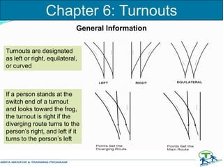 Turnouts are designated
as left or right, equilateral,
or curved
If a person stands at the
switch end of a turnout
and looks toward the frog,
the turnout is right if the
diverging route turns to the
person’s right, and left if it
turns to the person’s left
General Information
Chapter 6: Turnouts
 