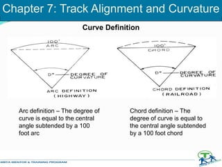 Chord definition – The
degree of curve is equal to
the central angle subtended
by a 100 foot chord
Arc definition – The degree of
curve is equal to the central
angle subtended by a 100
foot arc
Curve Definition
Chapter 7: Track Alignment and Curvature
 