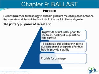 To provide structural support for
the track, holding it in good line
and surface
To distribute the load evenly to the
subballast and subgrade and thus
help to provide stability
Provide for drainage
Chapter 9: BALLAST
Purpose
Ballast in railroad terminology is durable granular material placed between
the crosstie and the sub ballast to hold the track in line and grade
The primary purposes of ballast are:
 