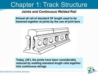 Almost all rail of standard 39’ length used to be
fastened together at joints by the use of joint bars
Today, (39’), the joints have been considerably
reduced by welding standard length rails together
into continuous strings
Joints and Continuous Welded Rail
Chapter 1: Track Structure
 