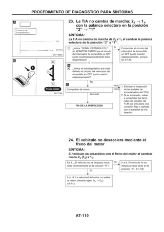 23. La T/A no cambia de marcha: 22 → 11,
con la palanca selectora en la posición
‘‘2’’ → ‘‘1’’
SIuNTOMA:
La T/A no cambia de marcha de 22 a 11 al cambiar la palanca
selectora de la posición ‘‘2’’ a ‘‘1’’.
¿Indica ‘‘SEÑAL ENTRADA ECU’’
en MONITOR DATOS que el circuito
del interruptor de encendido en OFF
punto muerto/estacionamiento tiene
desperfectos?
---------------------------------------------------------------------------------------------------------------------------------------- O ----------------------------------------------------------------------------------------------------------------------------------------
¿Indica el autodiagnóstico que está
dañado el circuito del interruptor de
encendido en OFF punto muerto/
estacionamiento?
No
c
Sí Comprobar el circuito del
interruptor de encendido
en OFF punto muerto/
estacionamiento. Consul-
tar AT-98.
Comprobar de nuevo.
Correcto
c
Inco-
rrecto
1. Efectuar la inspección
de las señales de
entrada/salida del TCM.
2. Si es incorrecto, volver
a comprobar los termi-
nales de pasador del
TCM por si hubiera una
conexión floja o dañada
con el conector de ins-
talación.
FIN DE LA INSPECCIOuN
24. El vehículo no desacelera mediante el
freno del motor
SIuNTOMA:
El vehículo no desacelera con el freno del motor al cambiar
desde 22 (12) a 11.
Es 9. ¿El vehículo no se desplaza hacia
atrás correctamente en la posición ‘‘R’’?
Sí
c
No Ir a 9. El vehículo no se
desplaza hacia atrás en la
posición ‘‘R’’, AT-106.
Ir a 18. La velocidad del motor no vuelve
al ralentí (frenado ligero D4 → D3),
AT-115.
SAT146BA
SAT778B
.
.
.
PROCEDIMIENTO DE DIAGNOuSTICO PARA SIuNTOMAS
AT-119
 