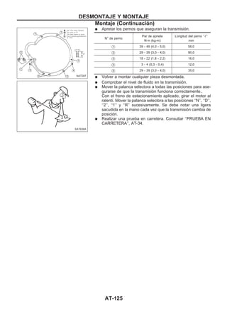 q Apretar los pernos que aseguran la transmisión.
N° de perno
Par de apriete
N·m (kg-m)
Longitud del perno ‘‘!’’
mm
V1 39 - 49 (4,0 - 5,0) 58,0
V2 29 - 39 (3,0 - 4,0) 90,0
V3 18 - 22 (1,8 - 2,2) 16,0
V4 3 - 4 (0,3 - 0,4) 12,0
V5 29 - 39 (3,0 - 4,0) 35,0
q Volver a montar cualquier pieza desmontada.
q Comprobar el nivel de fluido en la transmisión.
q Mover la palanca selectora a todas las posiciones para ase-
gurarse de que la transmisión funciona correctamente..
Con el freno de estacionamiento aplicado, girar el motor al
ralentí. Mover la palanca selectora a las posiciones ‘‘N’’, ‘‘D’’,
‘‘2’’, ‘‘1’’ y ‘‘R’’ sucesivamente. Se debe notar una ligera
sacudida en la mano cada vez que la transmisión cambia de
posición.
q Realizar una prueba en carretera. Consultar ‘‘PRUEBA EN
CARRETERA’’, AT-34.
NAT287
SAT638A
DESMONTAJE Y MONTAJE
Montaje (Continuacio´n)
AT-125
 