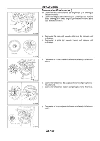 17. Desmontar los componentes del engranaje y el embrague
lateral delantero.
a. Desmontar el paquete del embrague (embrague de marcha
atrás, embrague de alta y engranaje central delantero) de la
caja de la transmisión.
b. Desmontar la pista del soporte delantero del paquete del
embrague.
c. Desmontar la pista del soporte trasero del paquete del
embrague.
d. Desmontar el portaplanetario delantero de la caja de la trans-
misión.
e. Desmontar el cojinete de agujas delantero del portaplaneta-
rio delantero.
f. Desmontar el cojinete trasero del portaplanetario delantero.
g. Desmontar el engranaje central trasero de la caja de la trans-
misión.
SAT030B
SAT113B
SAT031B
SAT968A
SAT974A
DESARMADO
Desarmado (Continuacio´n)
AT-135
 