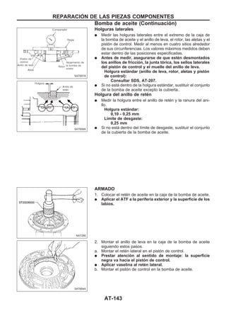 Holguras laterales
q Medir las holguras laterales entre el extremo de la caja de
la bomba de aceite y el anillo de leva, el rotor, las aletas y el
pistón de control. Medir al menos en cuatro sitios alrededor
de sus circunferencias. Los valores máximos medidos deben
estar dentro de las posiciones especificadas.
q Antes de medir, asegurarse de que estén desmontados
los anillos de fricción, la junta tórica, los sellos laterales
del pistón de control y el muelle del anillo de leva.
Holgura estándar (anillo de leva, rotor, aletas y pistón
de control):
Consultar SDS, AT-207.
q Si no está dentro de la holgura estándar, sustituir el conjunto
de la bomba de aceite excepto la cubierta..
Holgura del anillo de retén
q Medir la holgura entre el anillo de retén y la ranura del ani-
llo.
Holgura estándar:
0,10 - 0,25 mm
Límite de desgaste:
0,25 mm
q Si no está dentro del límite de desgaste, sustituir el conjunto
de la cubierta de la bomba de aceite.
ARMADO
1. Colocar el retén de aceite en la caja de la bomba de aceite.
q Aplicar el ATF a la periferia exterior y la superficie de los
labios.
2. Montar el anillo de leva en la caja de la bomba de aceite
siguiendo estos pasos.
a. Montar el retén lateral en el pistón de control.
q Prestar atención al sentido de montaje: la superficie
negra va hacia el pistón de control.
q Aplicar vaselina al retén lateral.
b. Montar el pistón de control en la bomba de aceite.
SAT657A
SAT658A
NAT295
SAT654A
REPARACIOuN DE LAS PIEZAS COMPONENTES
Bomba de aceite (Continuacio´n)
AT-143
 