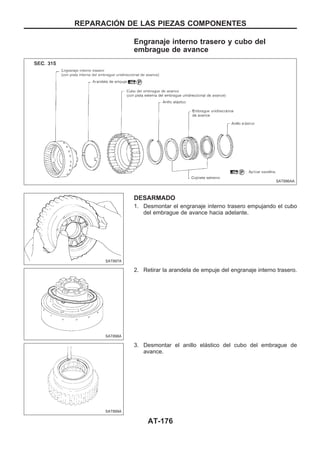 Engranaje interno trasero y cubo del
embrague de avance
DESARMADO
1. Desmontar el engranaje interno trasero empujando el cubo
del embrague de avance hacia adelante.
2. Retirar la arandela de empuje del engranaje interno trasero.
3. Desmontar el anillo elástico del cubo del embrague de
avance.
SAT896AA
SAT897A
SAT898A
SAT899A
REPARACIOuN DE LAS PIEZAS COMPONENTES
AT-176
 