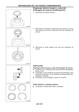 4. Desmontar el cojinete extremo.
5. Desmontar el embrague unidireccional de avance y el coji-
nete extremo como una unidad del cubo del embrague de
avance.
6. Desmontar el anillo elástico del cubo del embrague de
avance.
INSPECCIOuN
Engranaje interno trasero y cubo del embrague de avance
q Comprobar si el engranaje está excesivamente desgastado,
picado o roto.
q Comprobar si las superficies de fricción del embrague unidi-
reccional de avance y de la arandela de empuje están des-
gastadas o dañadas.
q Comprobar si hay desgaste o daños en la estría.
Anillo elástico y cojinete extremo
q Comprobar si están deformados o dañados.
SAT900A
SAT955A
SAT901A
SAT902A
SAT903A
REPARACIOuN DE LAS PIEZAS COMPONENTES
Engranaje interno trasero y cubo del
embrague de avance (Continuacio´n)
AT-177
 
