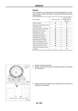 Ajuste
Si se sustituye una de las piezas de la tabla siguiente, es nece-
sario ajustar el juego axial total o el juego axial del embrague de
marcha atrás.
Denominación Juego axial total
Juego axial del
embrague de mar-
cha atrás
Caja de cambios q q
Pista interior del embrague unidi-
reccional de baja
q q
Cubo del embrague de directa q q
Engranaje interno trasero q q
Portaplanetario trasero q q
Engranaje central trasero q q
Portaplanetario delantero q q
Engranaje central delantero q q
Cubo del embrague de alta q q
Tambor del embrague de alta q q
Tapa de la bomba de aceite q q
Tambor del embrague de mar-
cha atrás
— q
1. Ajustar el juego axial total.
a. Montar una nueva junta de la bomba de aceite en la caja de
la transmisión.
b. Montar la pista del cojinete de la cubierta de la bomba en el
paquete del embrague.
SAT433I
SAT207B
ARMADO
AT-193
 