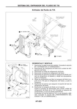 Enfriador del fluido de T/A
DESMONTAJE Y MONTAJE
1. Desmontar la rejilla frontal del radiador. Consultar la sección
BT (‘‘EXTREMO DE LA CARROCERIuA’’).
2. Desconectar las mangueras de fluido de la unidad de refri-
geración del fluido.
3. Desmontar la unidad de refrigeración del fluido.
4. Desmontar el soporte de refrigeración del fluido.
5. Desmontar los ganchos que fijan la manguera de fluido (uni-
dad de refrigeración al radiador) y aflojar las abrazaderas;
quitar la manguera.
6. Aflojar las abrazaderas que fijan la manguera de fluido (con-
junto de la T/A para la refrigeración del fluido) y quitar la
manguera.
7. Desmontar los pernos que aseguran el soporte del tubo de
refrigeración del fluido.
8. Desmontar la manguera de fluido con el soporte.
Invertir el proceso de desmontaje para montar unidad de
refrigeración del fluido de la T/A. Consultar el esquema de
componentes y el par de apriete especificado.
Comprobar el nivel de fluido de T/A y, si es necesario, rellé-
nelo. Consultar la sección MA (‘‘MANTENIMIENTO DEL
CHASIS Y DE LA CARROCERIA’’).
NAT288
NAT289
SISTEMA DEL ENFRIADOR DEL FLUIDO DE T/A
AT-203
 