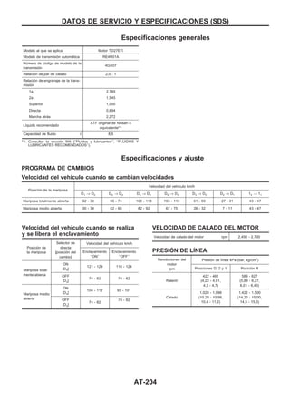 Especificaciones generales
Modelo al que se aplica Motor TD27ETi
Modelo de transmisión automática RE4R01A
Número de código de modelo de la
transmisión
4GX07
Relación de par de calado 2,0 : 1
Relación de engranaje de la trans-
misión
1a 2,785
2a 1,545
Superior 1,000
Directa 0,694
Marcha atrás 2,272
Líquido recomendado
ATF original de Nissan o
equivalente*1
Capacidad de fluido ! 8,5
*1: Consultar la sección MA (‘‘Fluidos y lubricantes’’, ‘‘FLUIDOS Y
LUBRICANTES RECOMENDADOS’’).
Especificaciones y ajuste
PROGRAMA DE CAMBIOS
Velocidad del vehículo cuando se cambian velocidades
Posición de la mariposa
Velocidad del vehículo km/h
D1 → D2 D2 → D3 D3 → D4 D4 → D3 D3 → D2 D2 → D1 12 → 11
Mariposa totalmente abierta 32 - 36 66 - 74 108 - 118 103 - 113 61 - 69 27 - 31 43 - 47
Mariposa medio abierta 30 - 34 62 - 68 82 - 92 67 - 75 26 - 32 7 - 11 43 - 47
Velocidad del vehículo cuando se realiza
y se libera el enclavamiento
Posición de
la mariposa
Selector de
directa
[posición del
cambio]
Velocidad del vehículo km/h
Enclavamiento
‘‘ON’’
Enclavamiento
‘‘OFF’’
Mariposa total-
mente abierta
ON
[D4]
121 - 129 116 - 124
OFF
[D3]
74 - 82 74 - 82
Mariposa medio
abierta
ON
[D4]
104 - 112 93 - 101
OFF
[D3]
74 - 82
74 - 82
VELOCIDAD DE CALADO DEL MOTOR
Velocidad de calado del motor rpm 2.450 - 2.700
PRESIOuN DE LIuNEA
Revoluciones del
motor
rpm
Presión de línea kPa (bar, kg/cm2
)
Posiciones D, 2 y 1 Posición R
Ralentí
422 - 461
(4,22 - 4,61,
4,3 - 4,7)
589 - 627
(5,89 - 6,27,
6,01 - 6,40)
Calado
1.020 - 1.098
(10,20 - 10,98,
10,4 - 11,2)
1.422 - 1.500
(14,22 - 15,00,
14,5 - 15,3)
DATOS DE SERVICIO Y ESPECIFICACIONES (SDS)
AT-204
 